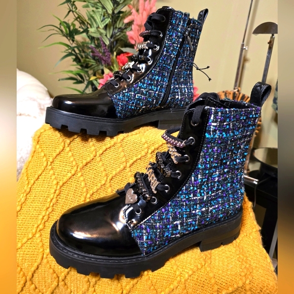 Karl Lagerfeld Shoes - Karl Lagerfeld Mela Tweed Combat boot, Size Women's 8, Tweed Blue & Black